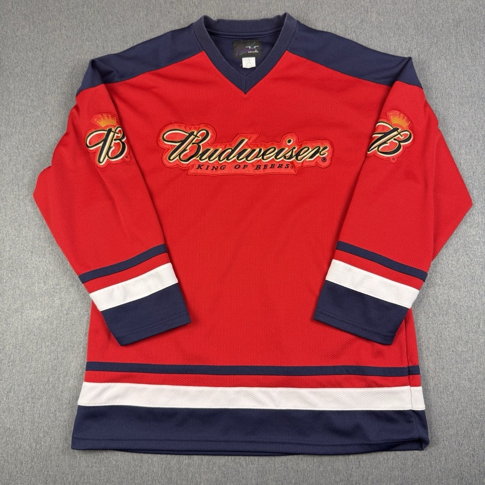 Budweiser Calhoun Beer Hockey Jersey Red Blue Mens Medium Vintage 90s
